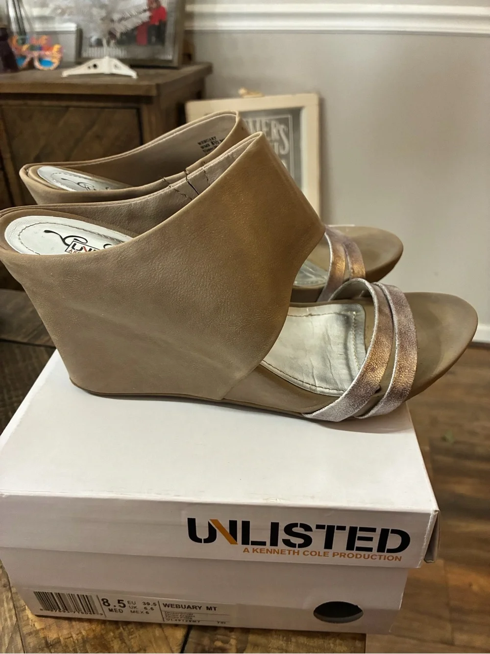 Unlisted by Kenneth Cole Tan and Metallic Beige Wedge Sandals